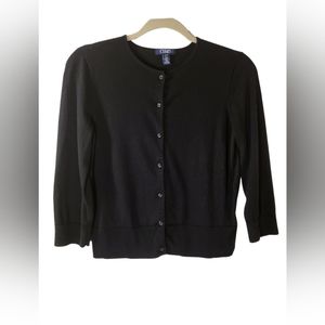 Chaps Black Button front Crew neck ¾ sleeve Cardigan. Misses Size M.
